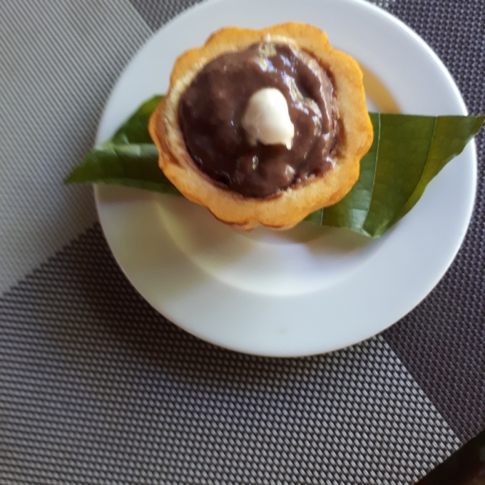 Chocolate pudding in Baracoa .The white top is the cacao seed served on a cacao leaf in Baracoa